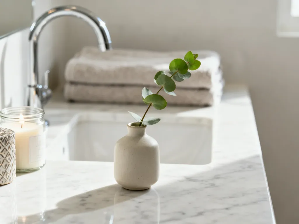 Minimalistyczny blat łazienkowy z ceramicznym wazonem, gałązką eukaliptusa i świecą, tworzący elegancki wystrój wnętrza.