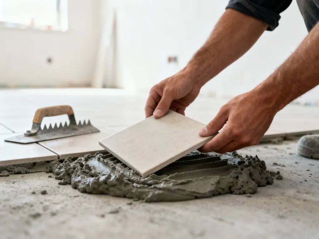 Ręce glazurnika układające płytkę ceramiczną na warstwie zaprawy klejowej przy użyciu pacy zębatej.