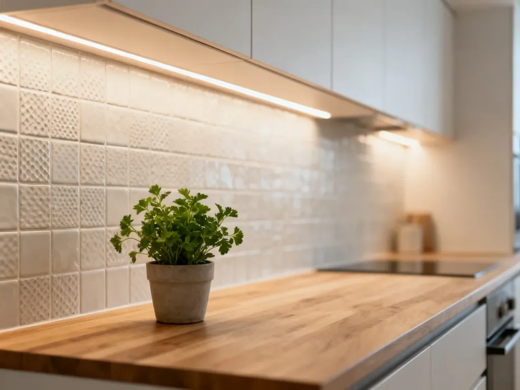 Nowoczesna kuchnia z minimalistycznymi płytkami ceramicznymi nad blatem i doniczką z ziołami.